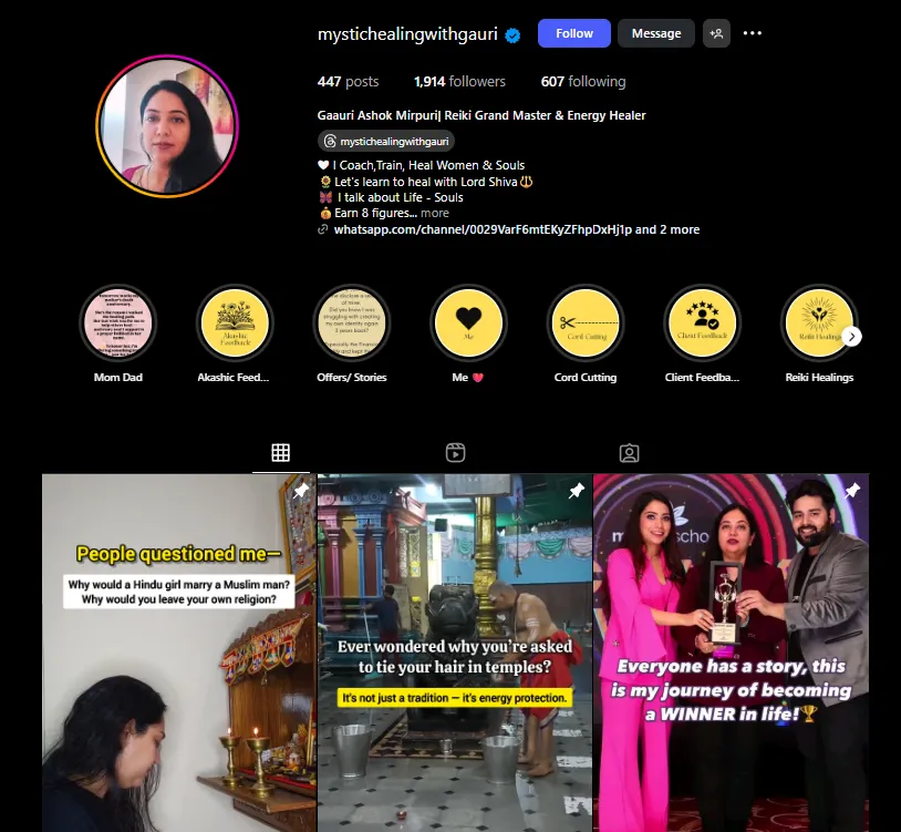 Screenshot of @mystichealingwithgauri